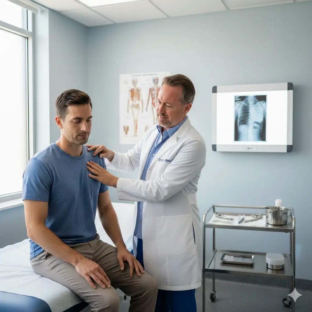 Orthopedic surgeon examining a patient's shoulder during a clinical consultation