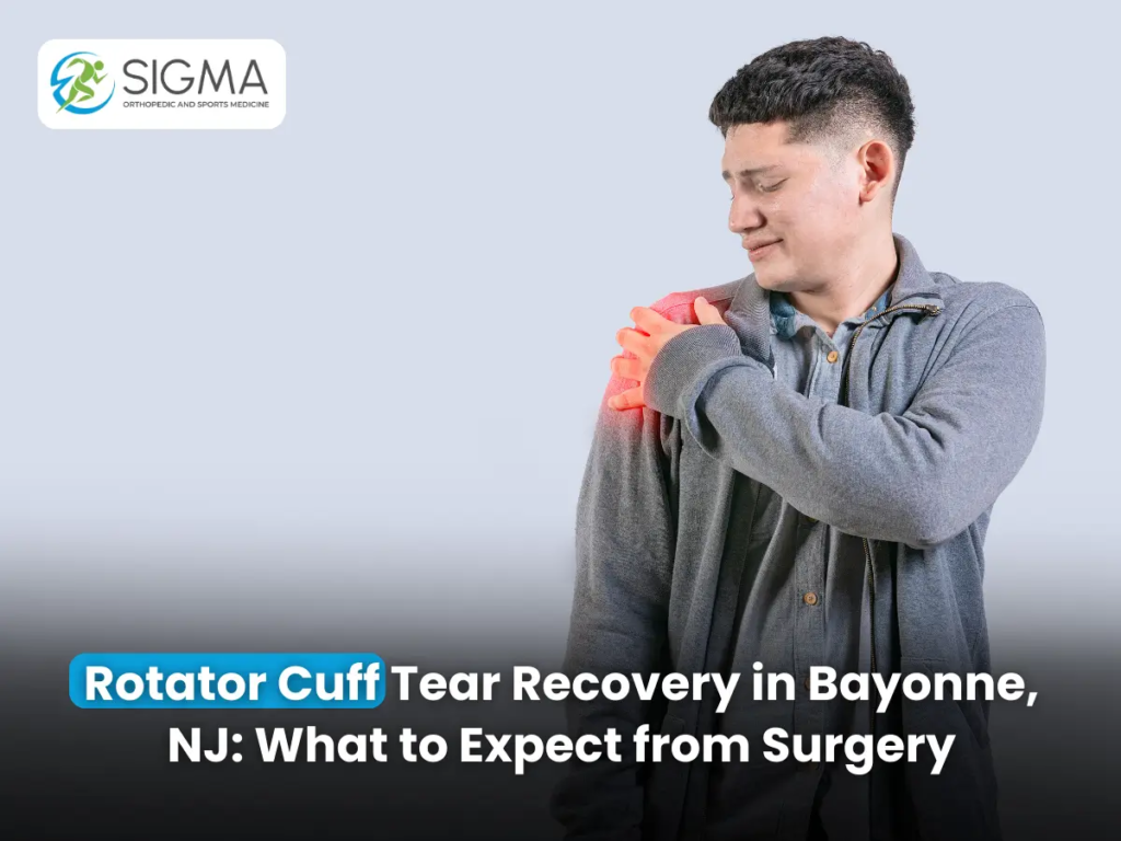 Educational banner for rotator cuff tear recovery at SIGMA Bayonne.