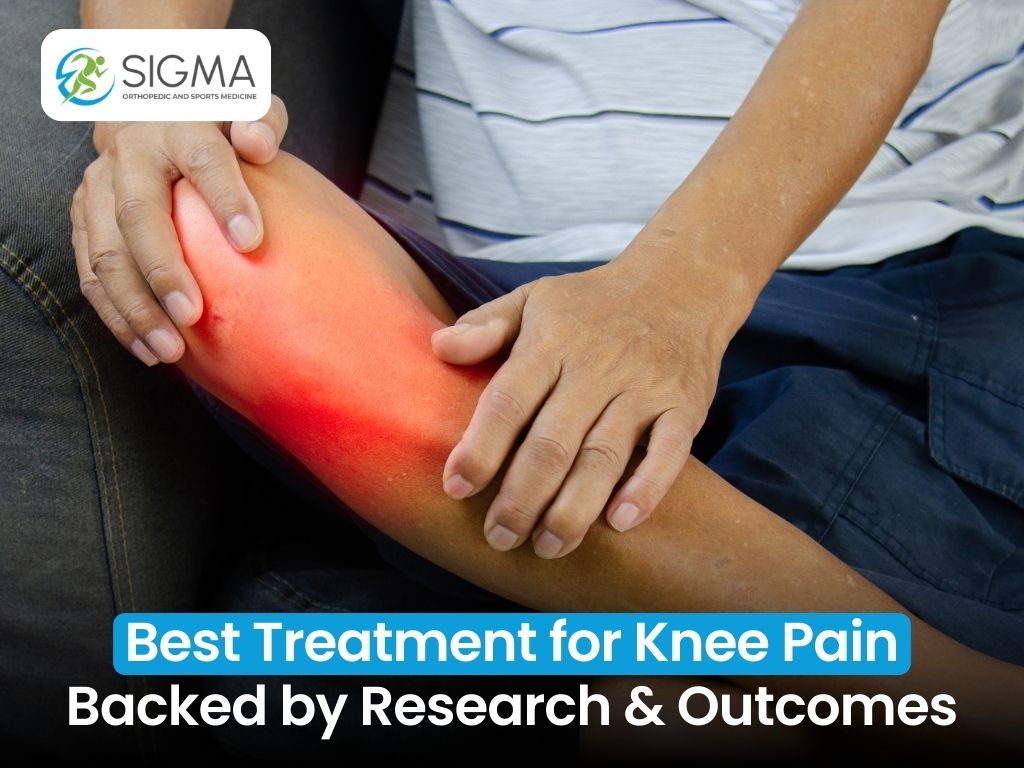 Medical professional examining a patient's knee to provide research-based pain treatment.