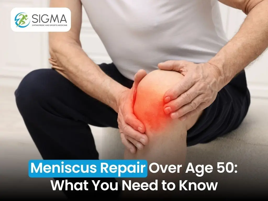 A professional doctor in a white lab coat using a detailed anatomical model of a human knee joint to explain a meniscus injury to a patient.