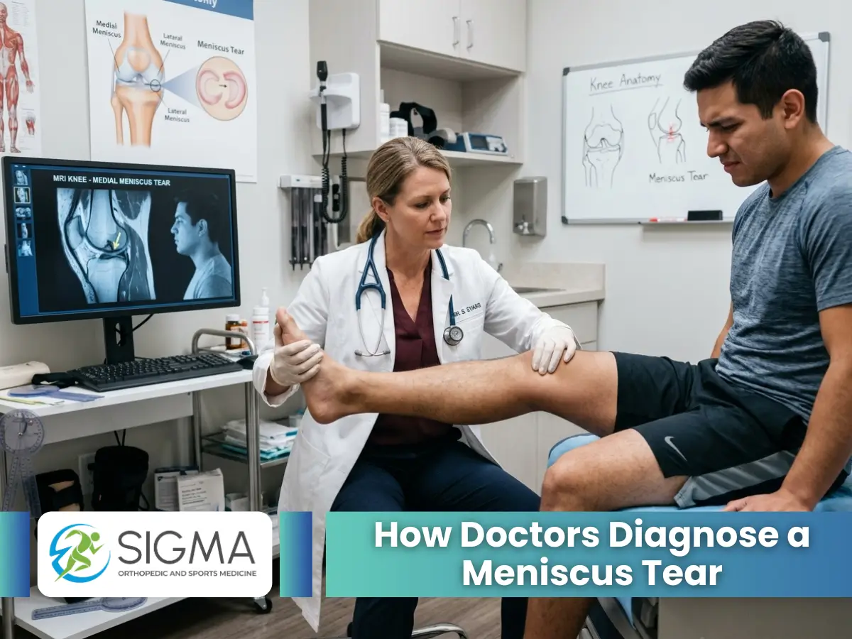 Orthopedic doctor examining patient knee with MRI scan to diagnose meniscus tear