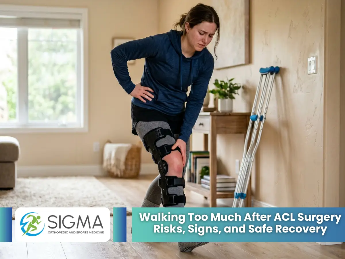 A woman in a post-operative knee brace winces in pain while attempting to walk at home without her crutches, illustrating the risks of walking too much too soon after ACL surgery.