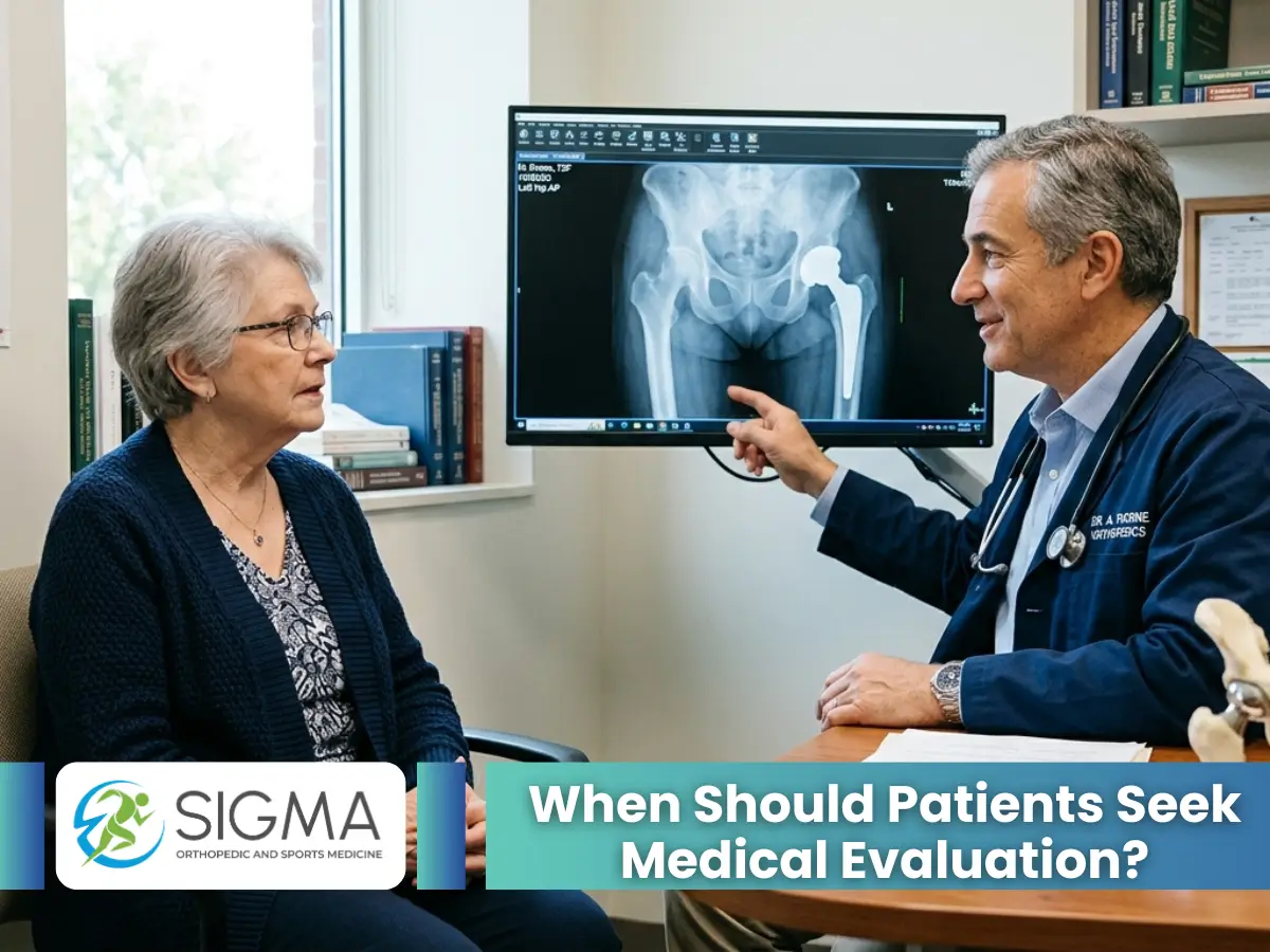 An orthopedic doctor pointing to a hip replacement X-ray on a monitor while consulting with an elderly female patient at Sigma Orthopedic and Sports Medicine.
