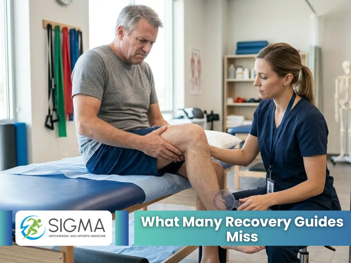 Patient discussing persistent knee stiffness with a physical therapist during rehabilitation