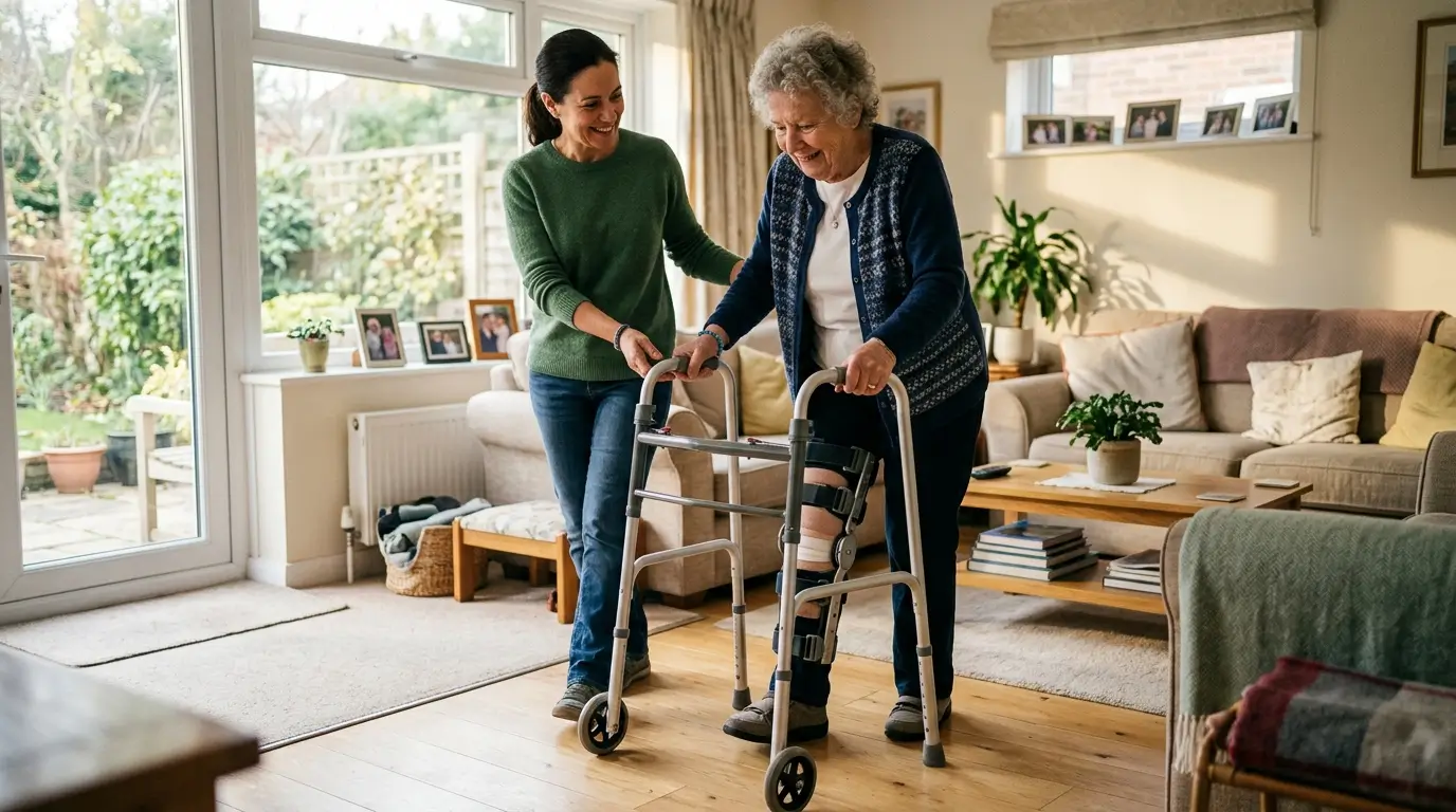 A smiling younger woman assists an elderly woman wearing a full leg brace as she practices walking with a rolling walker in a sunlit living room.