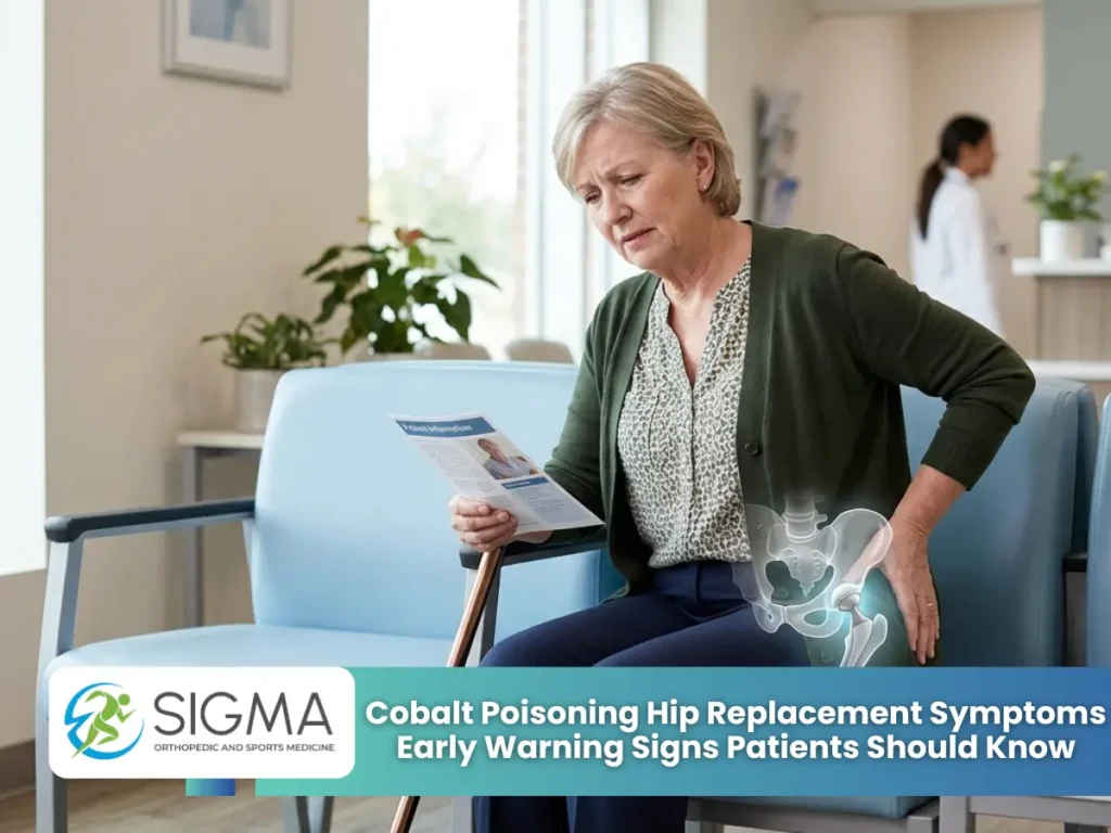 A senior woman in a waiting room holding a medical pamphlet and touching her hip in pain, featuring an anatomical overlay of a hip implant.