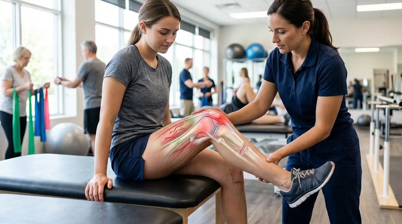 Physical therapist assisting a patient with knee rehabilitation during recovery after surgery.