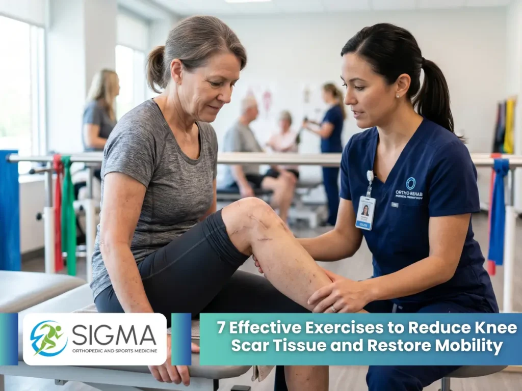 Physical therapist guiding a patient through knee mobility exercises during recovery from knee surgery
