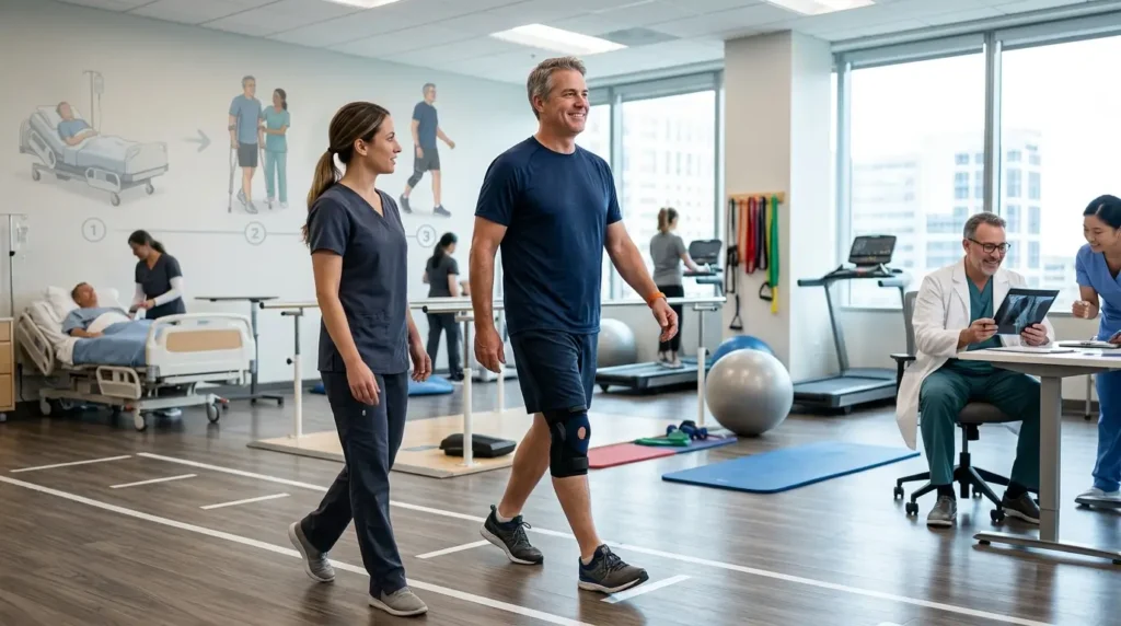 Patient walking with a physical therapist during orthopedic rehabilitation after knee surgery.