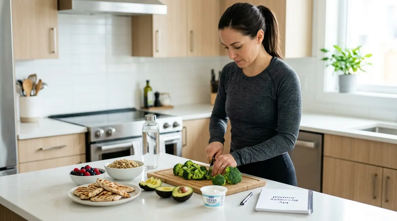 A woman in a kitchen slicing fresh broccoli on a wooden cutting board, surrounded by healthy foods including grilled chicken, avocado, berries, quinoa, and a recovery journal.