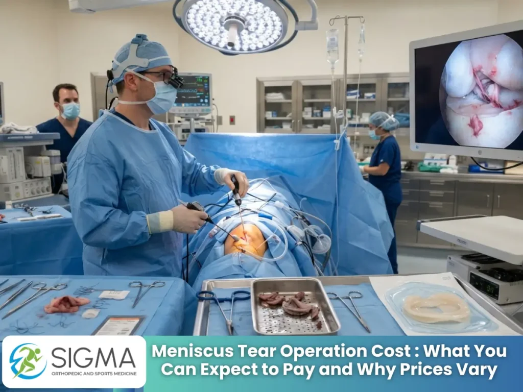 Orthopedic surgeon performing a knee arthroscopy operation with a monitor displaying internal joint view.