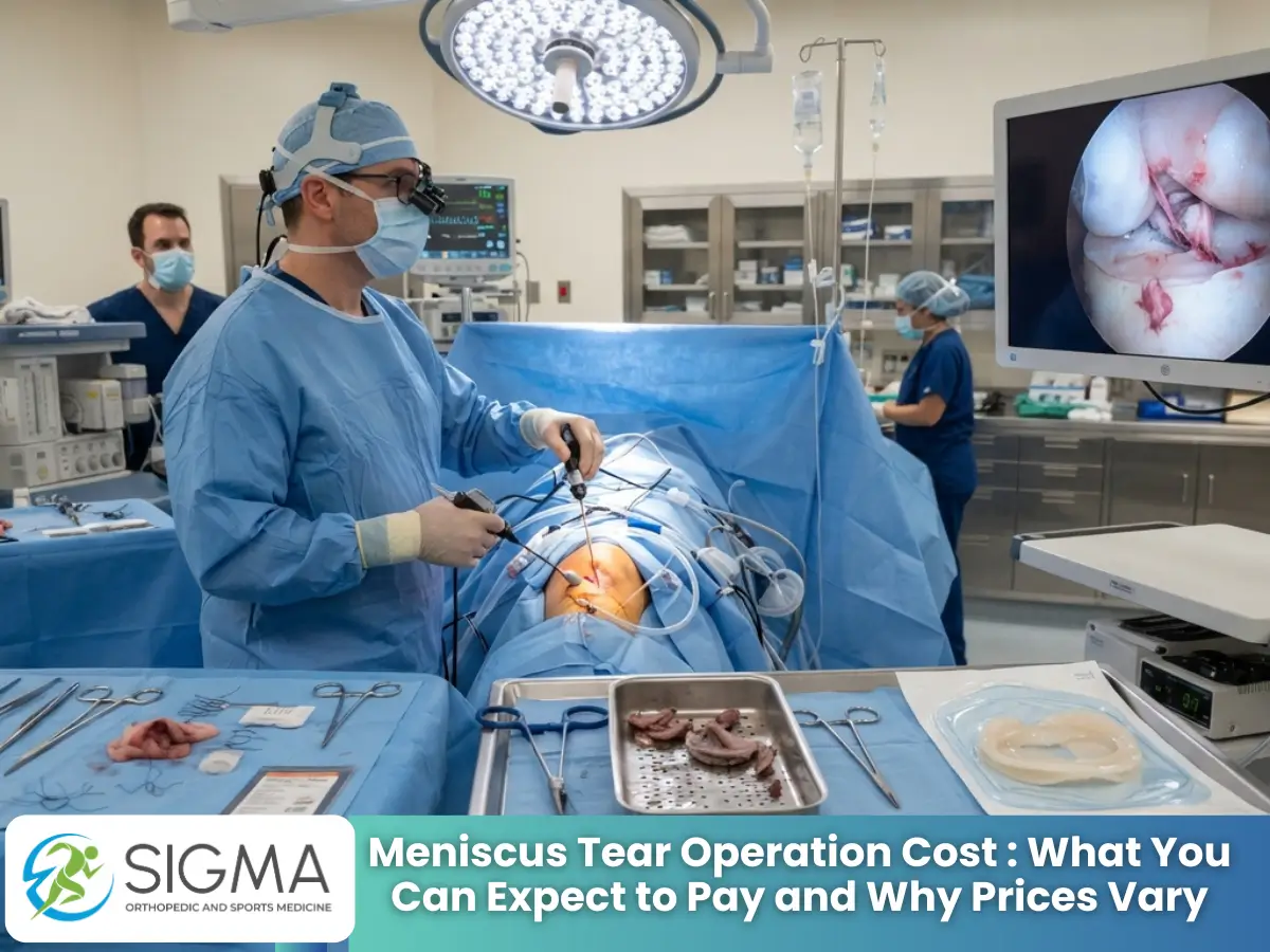 Orthopedic surgeon performing a knee arthroscopy operation with a monitor displaying internal joint view.