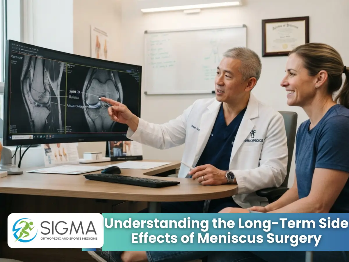 An orthopedic doctor pointing at a knee MRI scan on a computer screen while discussing long-term side effects of meniscus surgery with a female patient.