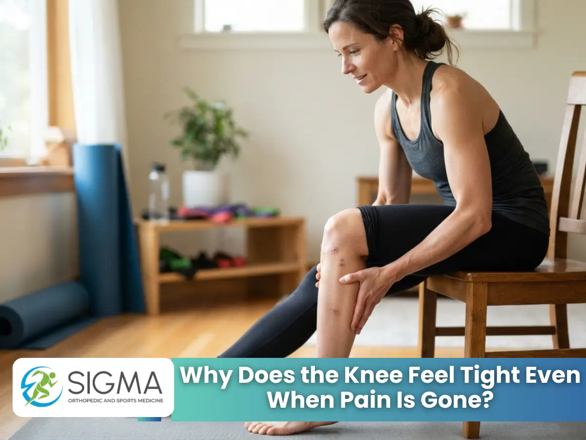 A woman sitting on a wooden chair examining her knee joint, which shows minor surgical or healing scars, during a home rehab session.