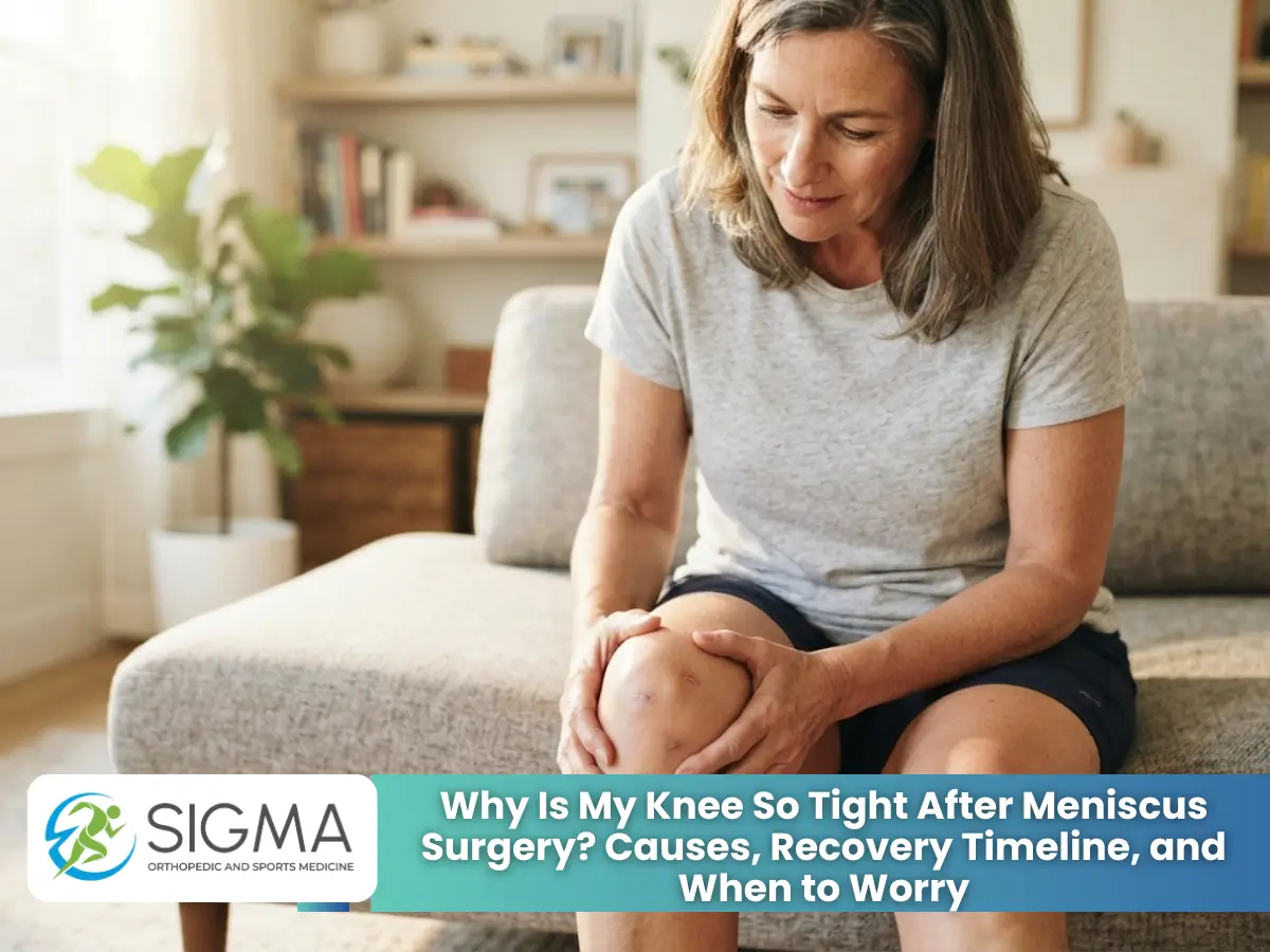 A mature woman sitting on a living room sofa, holding her stiff knee with arthroscopic surgical scars to assess pain and range of motion.