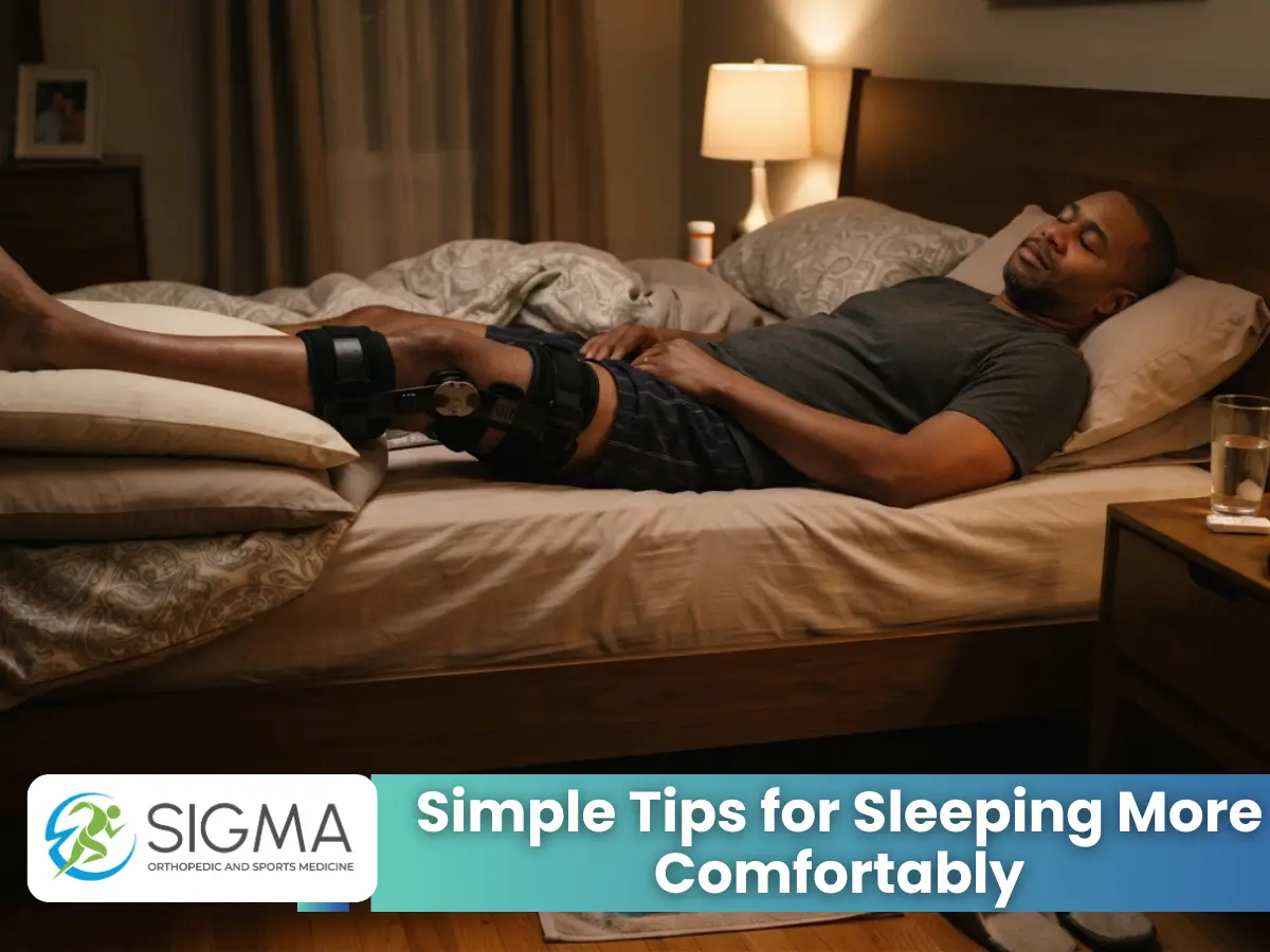 A man lying on his back in bed wearing a knee brace with his leg elevated on pillows after ACL surgery.