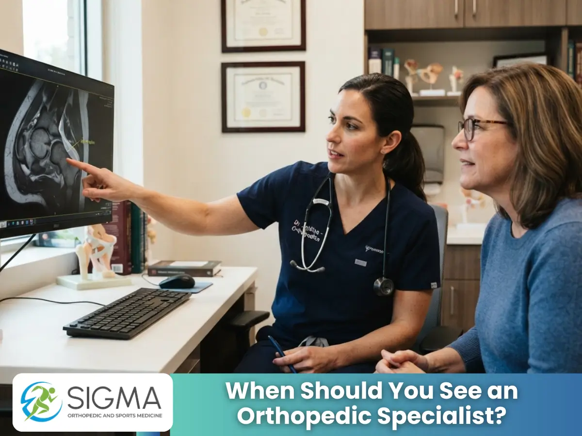 Orthopedic specialist pointing at a hip MRI scan for a patient.