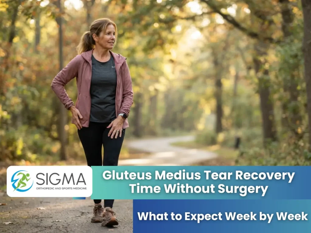 Woman outdoors holding her hip during gluteus medius tear recovery.
