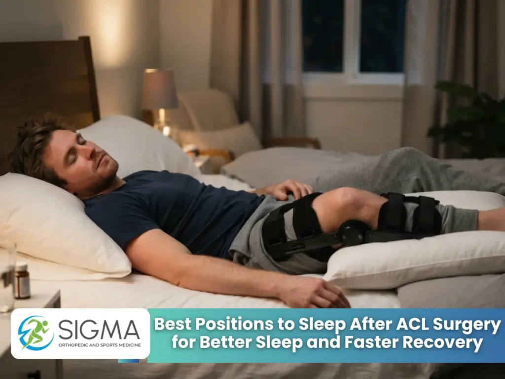 A man sleeping comfortably on his back with his operated leg straight and elevated on a pillow after ACL reconstruction.