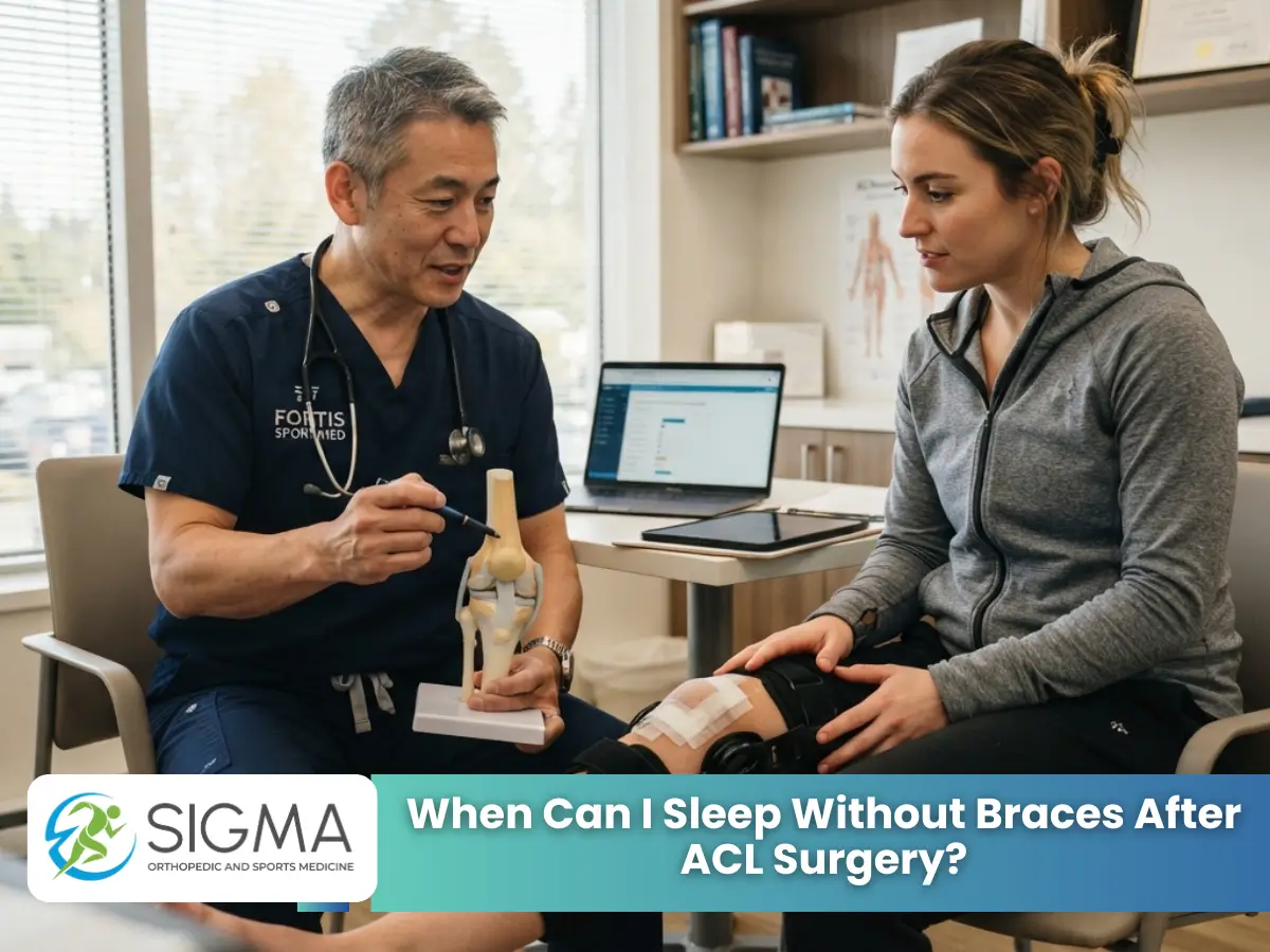 An orthopedic doctor pointing to a knee model while consulting a female patient wearing a post-op knee brace.