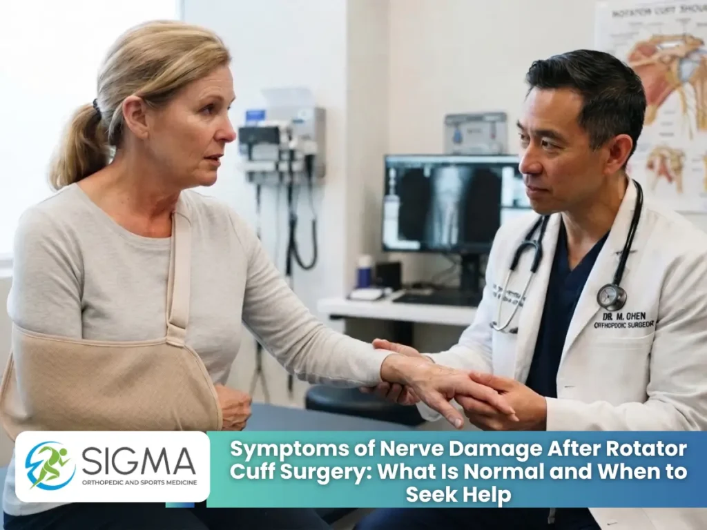 An orthopedic surgeon examining the hand and wrist of a female patient wearing a shoulder sling.