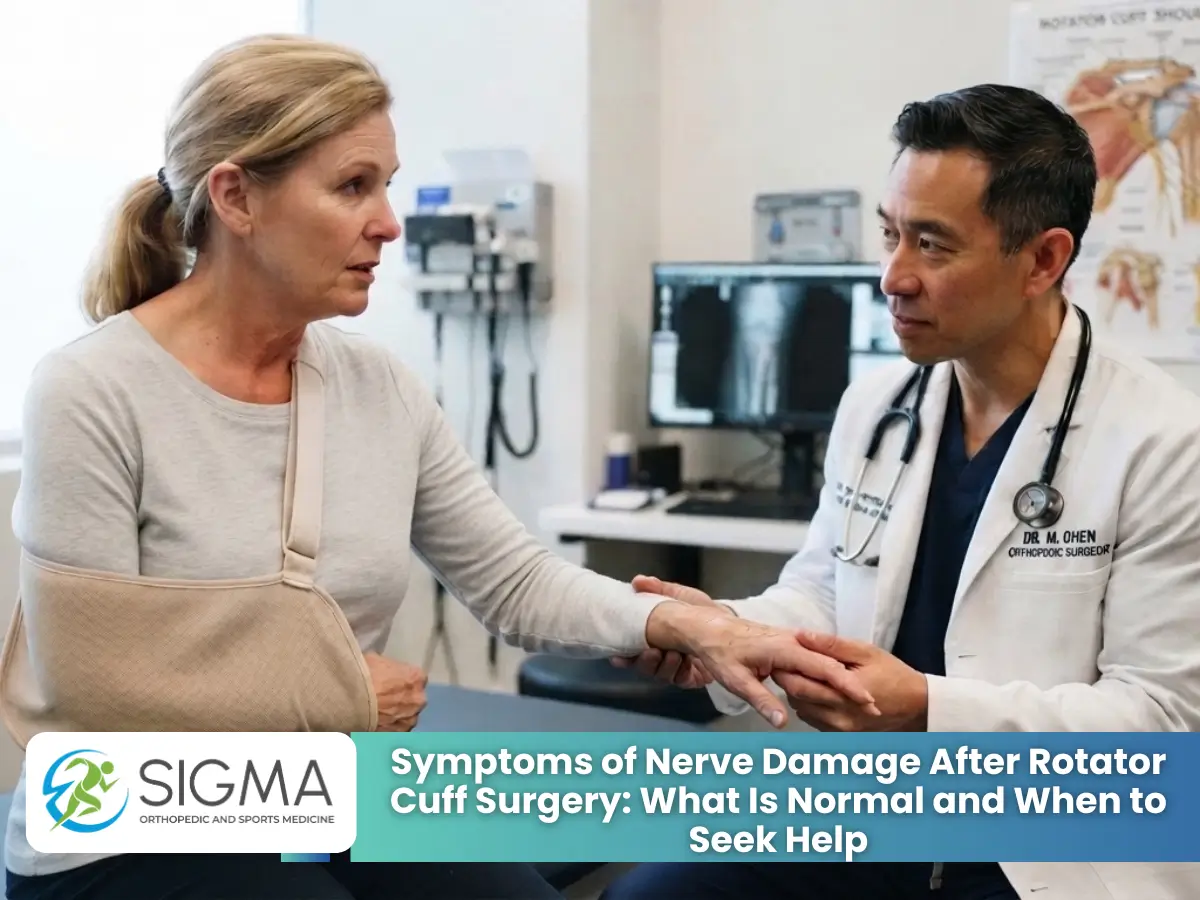 An orthopedic surgeon examining the hand and wrist of a female patient wearing a shoulder sling.