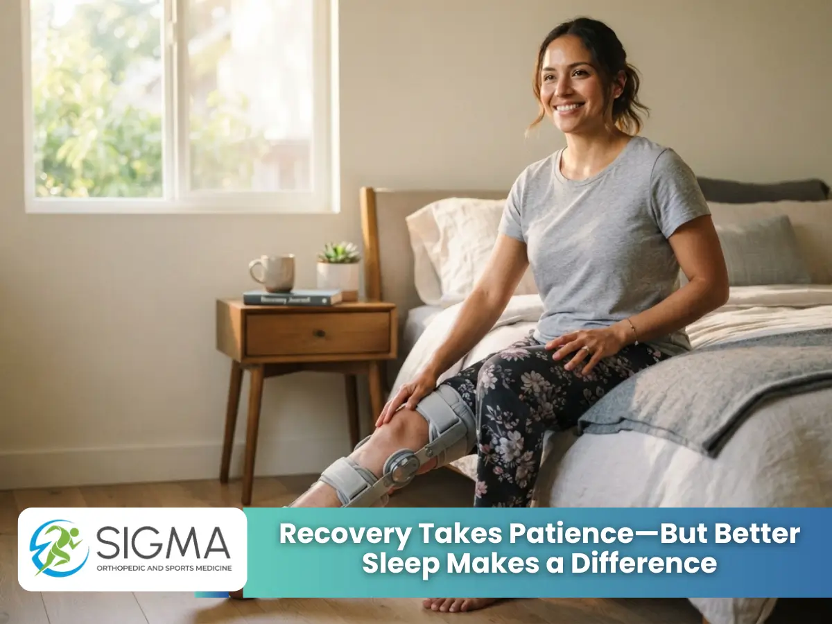 A smiling woman sitting on the edge of her bed wearing a supportive knee brace after ACL surgery.