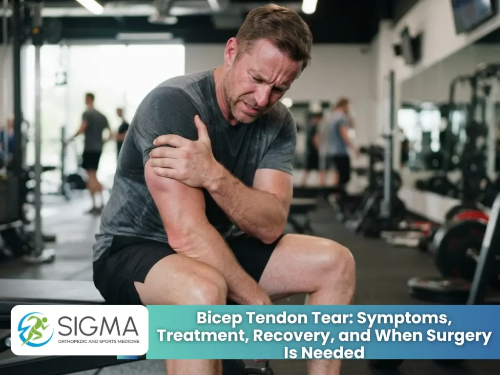 A male athlete sitting on a gym bench holding his upper arm and shoulder in pain from a suspected bicep tendon tear.