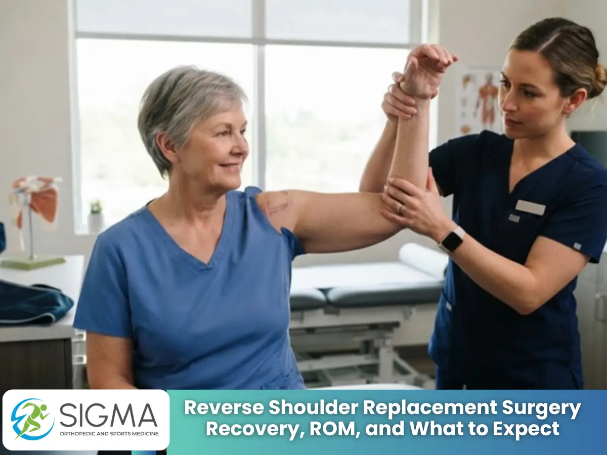Female physical therapist assisting a smiling senior woman with elevated arm exercises during post-surgery rehab.