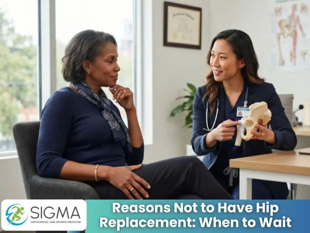 Female orthopedic doctor holding an anatomical hip joint model while speaking with a patient.