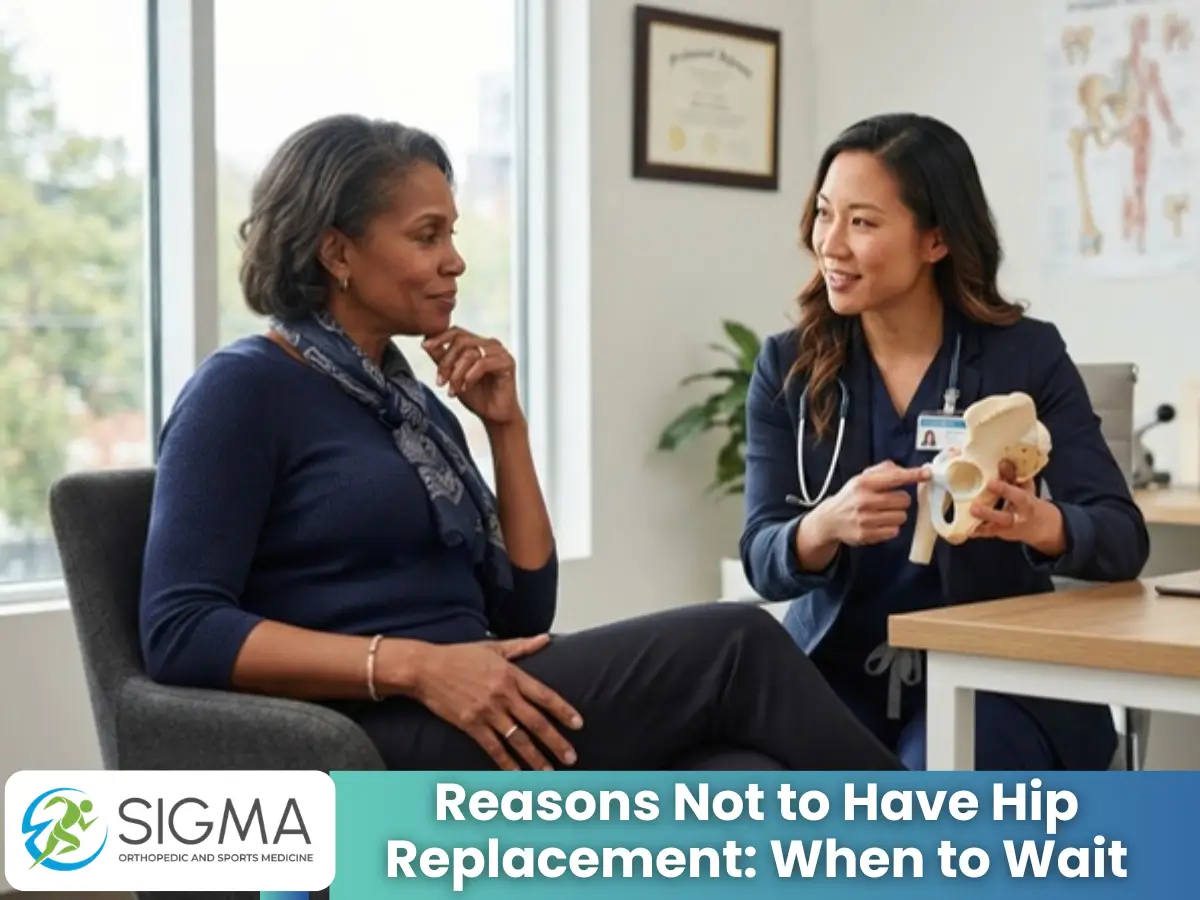 Female orthopedic doctor holding an anatomical hip joint model while speaking with a patient.