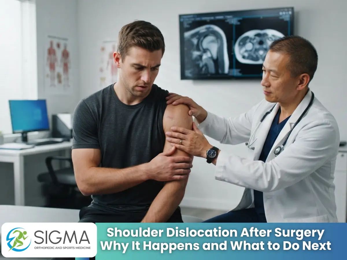 An orthopedic doctor in a white lab coat gently examines a patient's shoulder and surgical scar.