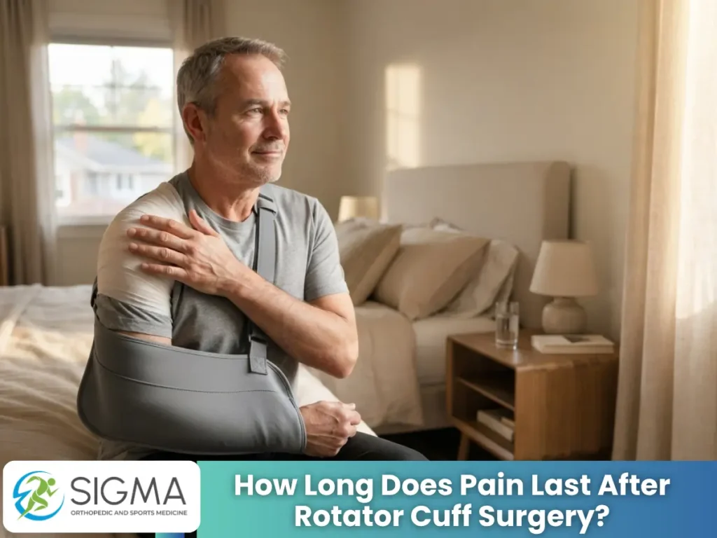Man sitting on his bed wearing a shoulder sling, holding his bandaged shoulder after rotator cuff surgery