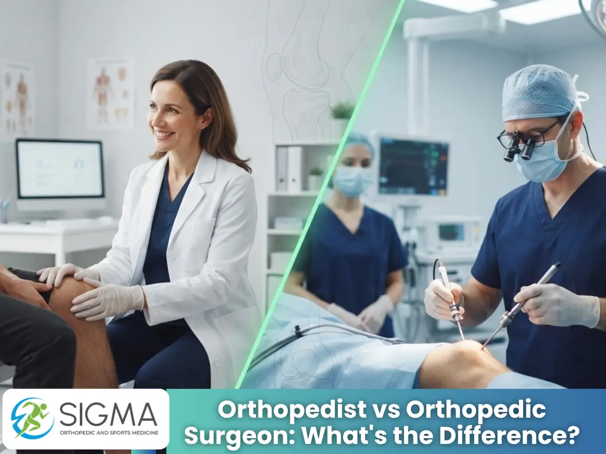 Split-screen image comparing a female orthopedist examining a patient's knee in a clinic and a male orthopedic surgeon performing knee surgery.