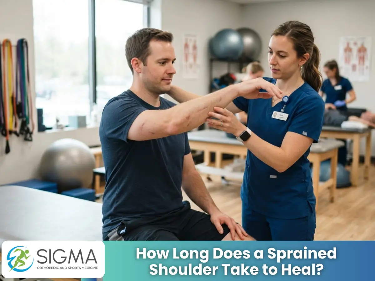 A physical therapist performing a shoulder assessment on a male patient to evaluate range of motion and recovery.