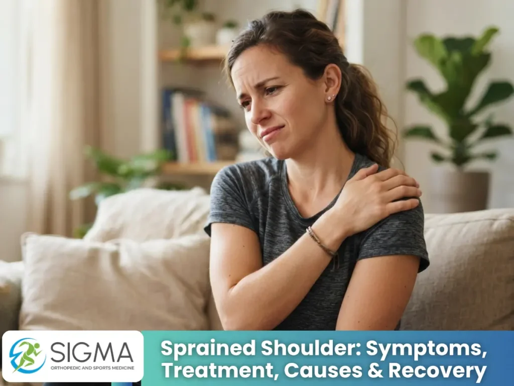 Woman sitting on a couch holding her painful shoulder, indicative of a potential sprain.