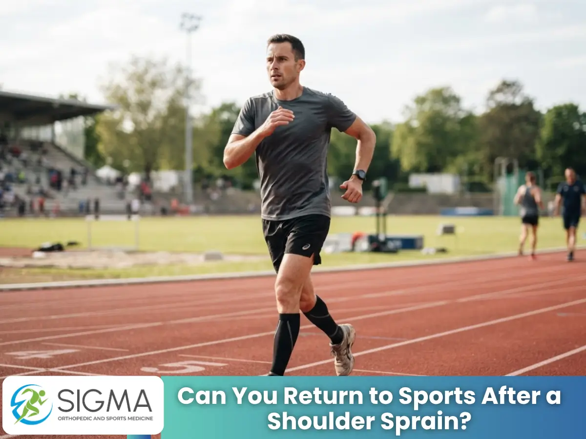 A male athlete jogging on an outdoor running track, representing recovery and a return to sports activities.
