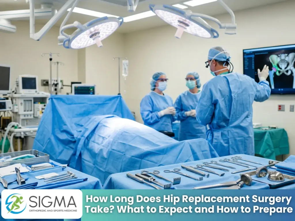 Surgical team in scrub uniforms discussing hip replacement procedures in a fully equipped operating room.