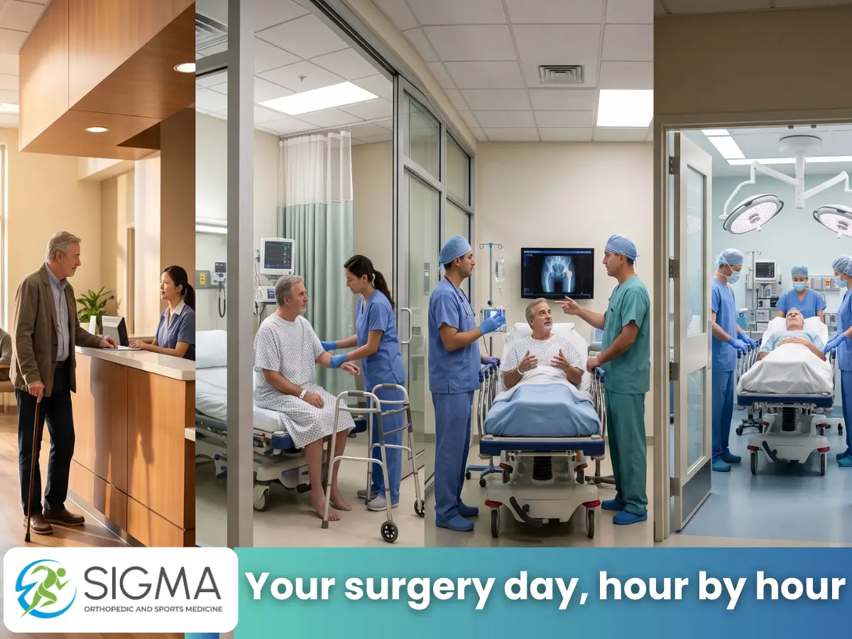 Four-panel collage showing a patient's step-by-step journey on hip replacement surgery day.