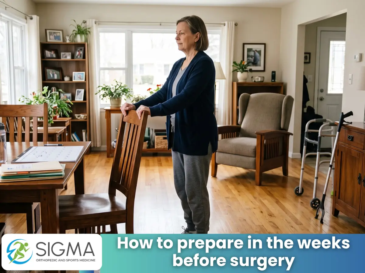 Senior woman standing and holding a chair for support while preparing her home for surgery.